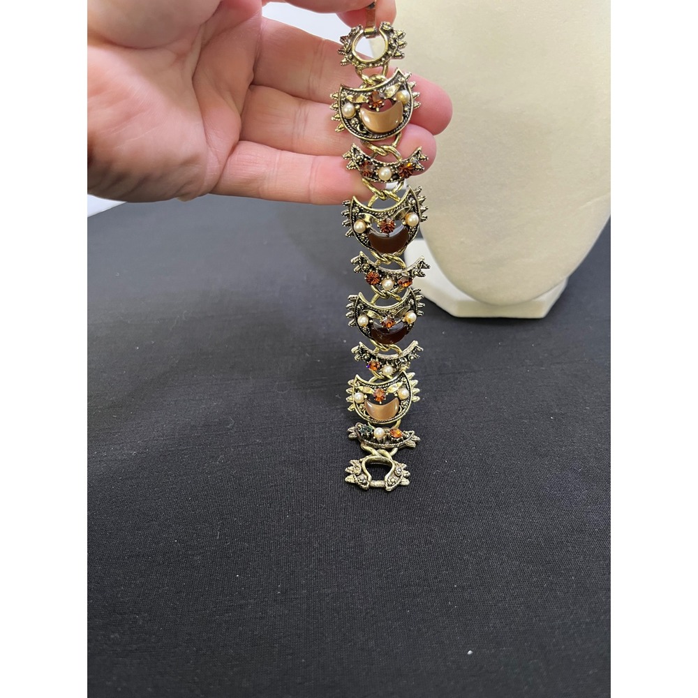 Vintage Gold Tone Crescent Moon Faux Pearl Amber Rhinestone Link Bracelet Brown